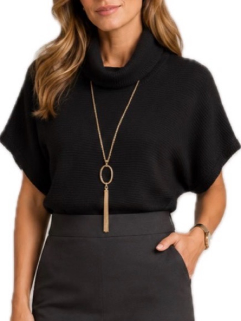 Forever Women's Black Solid Knit Cowl Neck Dolman Short Sleeve Pullover S